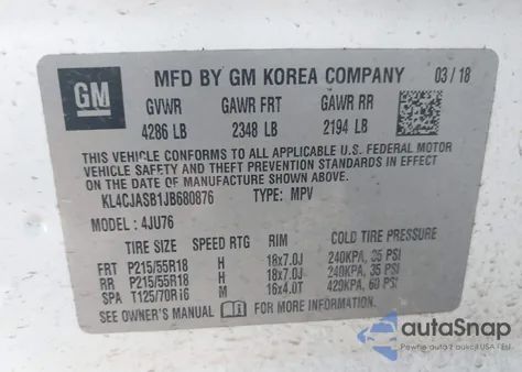 2018 Buick Encore Preferred from USA, damaged, VIN KL4CJASB1JB680876